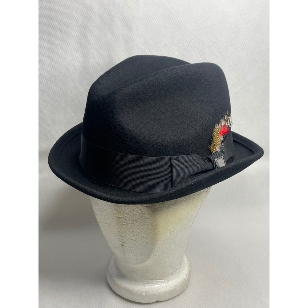 Brixton 100% Wool Fedora Sz. 7 Small Black Cap Red Inside Bow Crest Feathers Hat